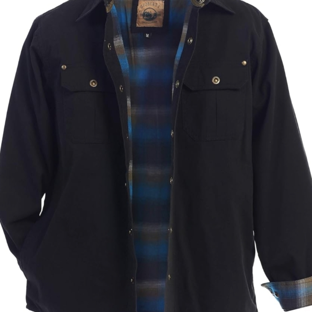 Men's Black Shirt Jacket with Blue Plaid Lining